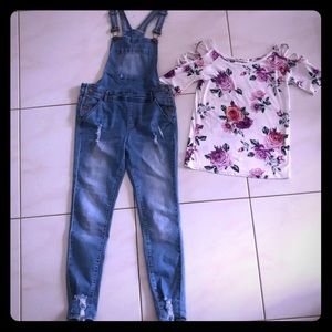 Juniors Sz 7 Skinny Overalls & Open Shoulder Top